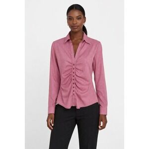 New York & Co Pink Chevron Print Ruched Button Front Shirt Blouse XS Chic‎ 90-38